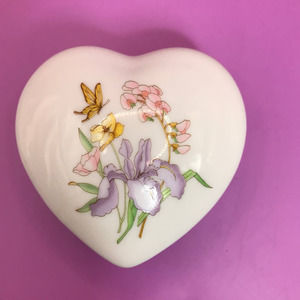 Porcelain Heart Trinket Box Lillies and Butterfly Design 3'x3' for Rings Perfect